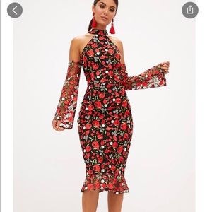Red Embroidered Floral Cold Shoulder Midi Dress